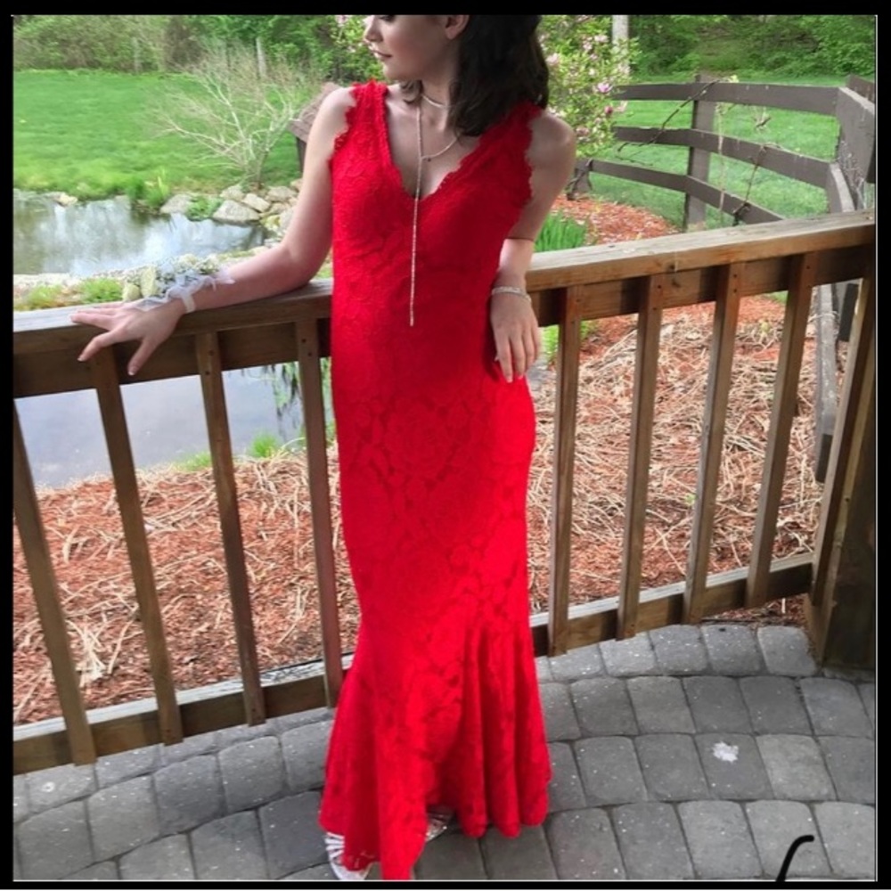 Davids Bridal Floor Length Red Lace Dress